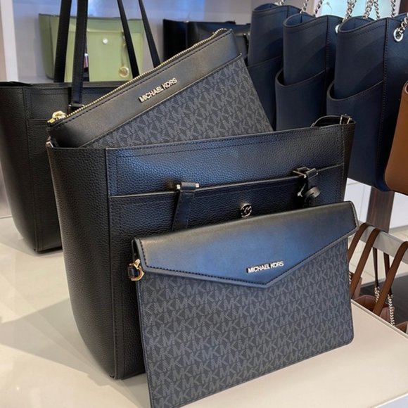 MICHAEL Maisie Large Pebbled Leather 3-in-1 Tote Bag BLACK / BLACK MULTI COLOR - Picture 1 of 16